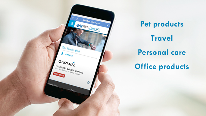 Hands holding a mobile device displaying the Blue365 app next to a list that reads pet products, travel, personal care, office products